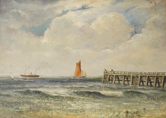 Late 19th century, English School, Coastal view with ships, maritime interest oil on canvas, unsigned, 22 x 29cm, gilt frame